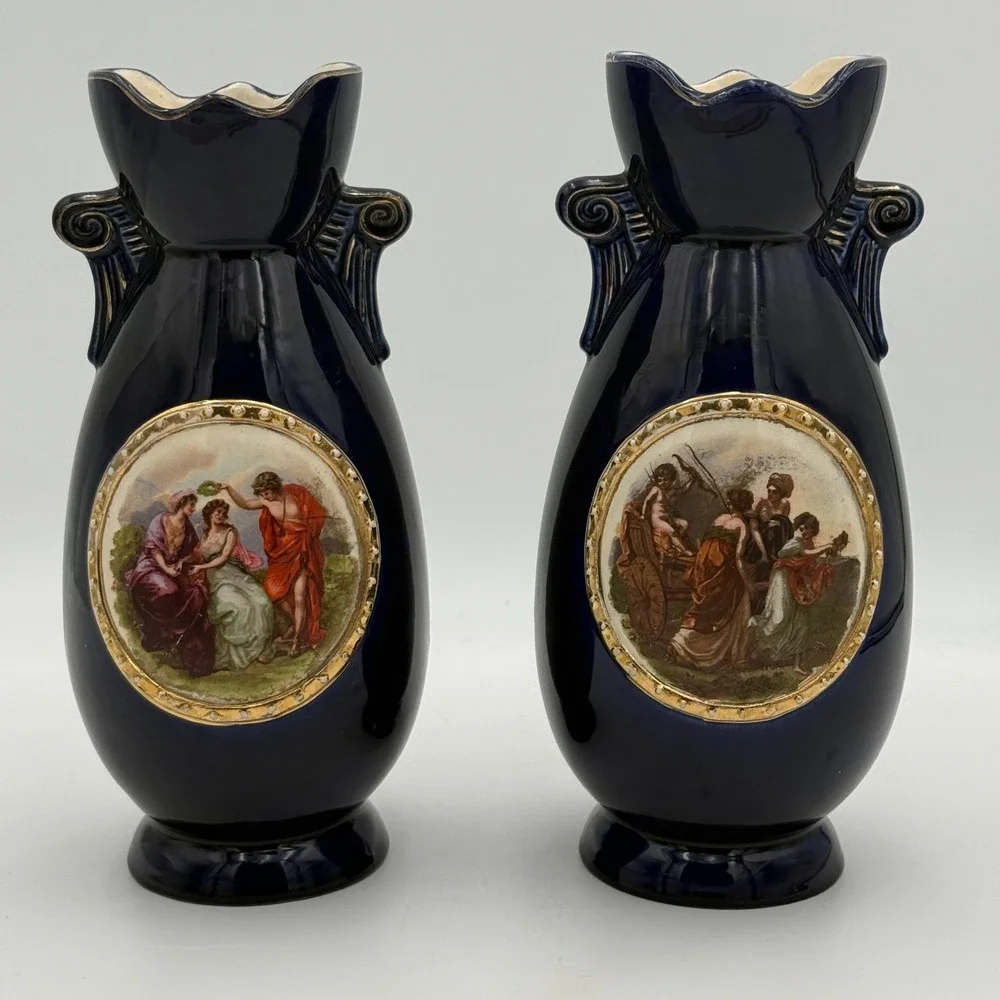 Vintage Czechoslovakia Cobalt Blue Porcelain Vases Pair 20004 Classical Scenes